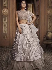 Trend Setter Indo Western TH067 Designer Cocktail Wear Silver Satin Silk Net Lehenga Style Gown - Fashion Nation