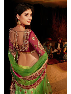 N10006 - Green Satin Velvet Lehenga - Fashion Nation