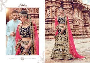 Attractive ZIK10006 Bridal Navy Blue Pink Velvet Net Lehenga Choli - Fashion Nation