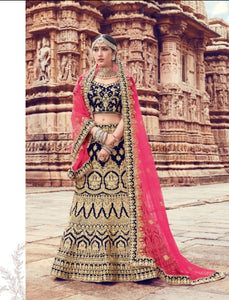 Attractive ZIK10006 Bridal Navy Blue Pink Velvet Net Lehenga Choli - Fashion Nation