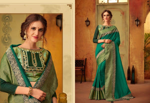 Beautiful CL10423 Superb Blue Cotton Green Silk Saree - Fashion Nation