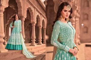 Embroidered KS1053 Lucknowi Aqua Georgette Floor Length Anarkali Gown by Fashion Nation
