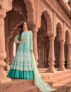 Embroidered KS1053 Lucknowi Aqua Georgette Floor Length Anarkali Gown by Fashion Nation