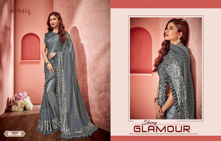Glamorous MAH10802 Cocktail Wear Grey Weaving Silk Lycra Net Frilled Saree - Fashion Nation