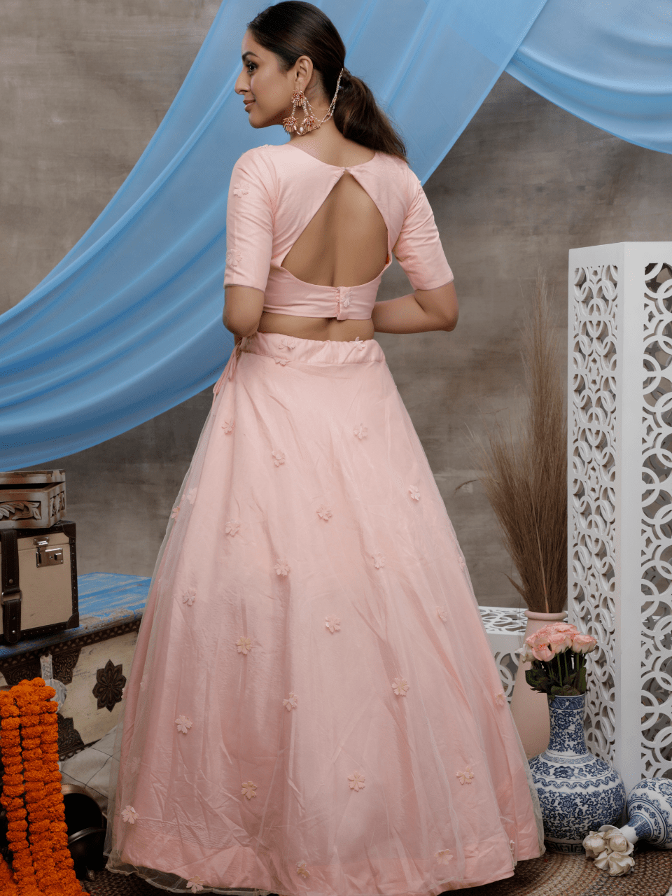 Peach and blue color combination wedding collection Lehenga choli :: ANOKHI  FASHION