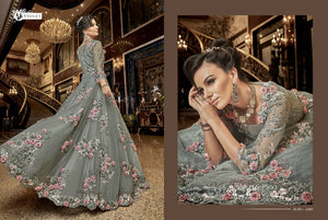 Delicate Indo Western K136721 Grey Net Silk Floor Length Anarkali Gown - Fashion Nation