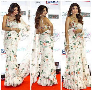 Shilpa Shetty 142 Bollywood Inspired Multicoloured Georgette Silk Ruffle Saree - Fashion Nation