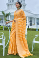 Chikankari Haldi Party Wear Yellow Banarasi Cotton Lucknowi Saree 