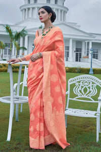 Chikankari Indian Attire Peach Banarasi Cotton Lucknowi Saree