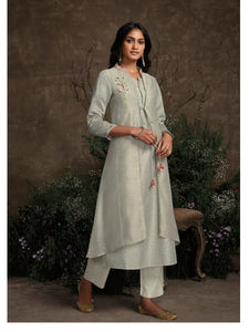 Summer Special KS148933 Designer Grey Silk Readymade Double Layered Kurta with Pants - Fashion Nation