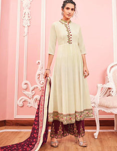 Comfortable KS159788 Cream Muslin Readymade Kurta with Palazzo & Dupatta by Fashion Nation