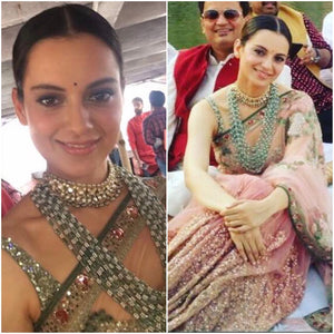 Kangana Ranaut KH18687 Bollywood Inspired Peach Cream Nylon Net Saree - Fashion Nation