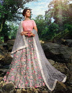 Indian Attire Designer Grey Pink Net Lehenga Choli for Online Sales by Fashion Nation