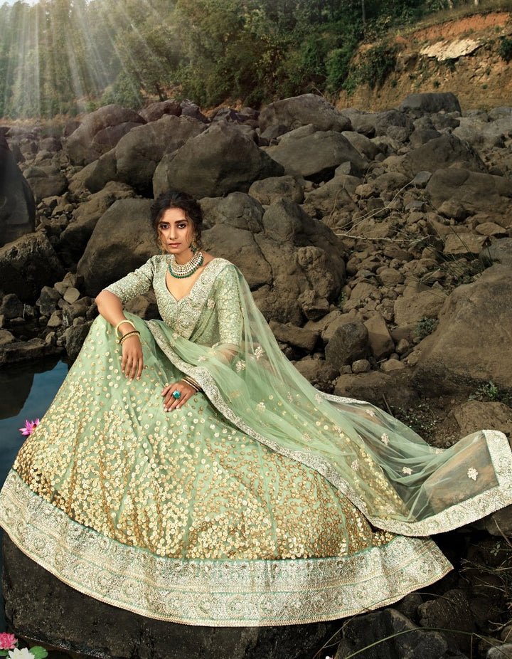 Handcrafted AD3606 Designer Sea Green Net Silk Lehenga Choli - Fashion Nation