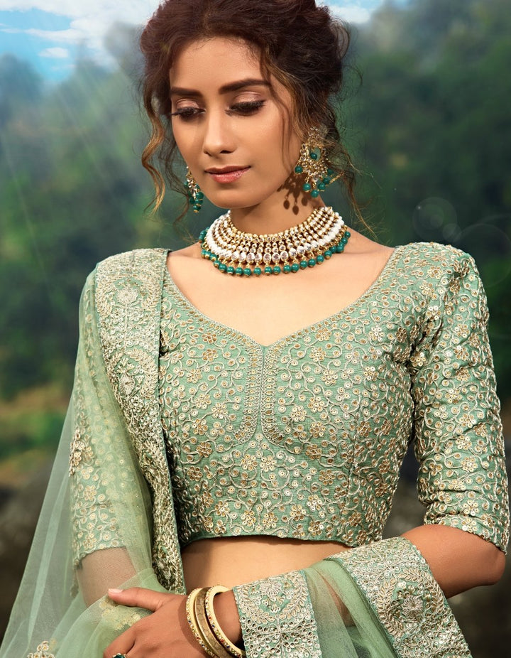 Handcrafted AD3606 Designer Sea Green Net Silk Lehenga Choli - Fashion Nation