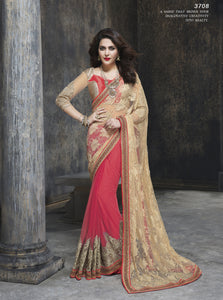 ME3708 Designer Pink Beige Net Saree - Fashion Nation