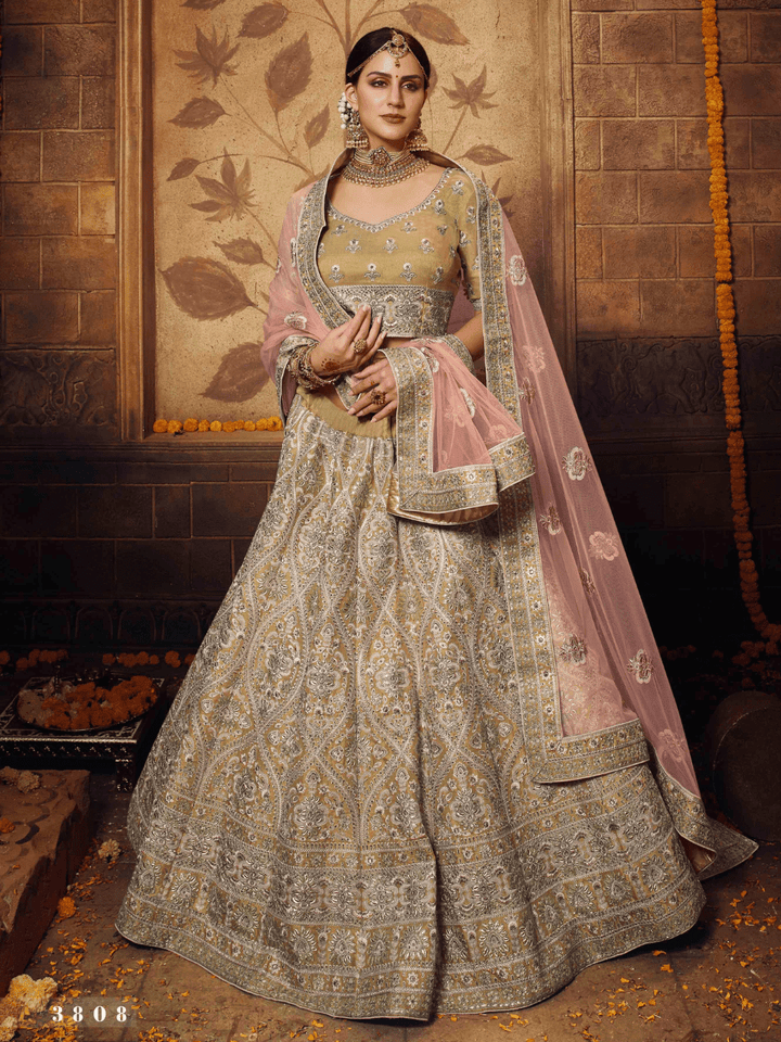 Reception Wear Golden Gota Silk Net Indian Lehenga Choli - Fashion Nation