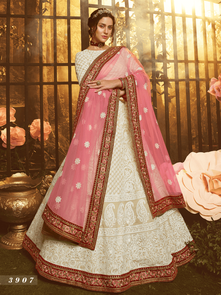 Royal White Georgette Lucknowi Lehenga Choli - Fashion Nation