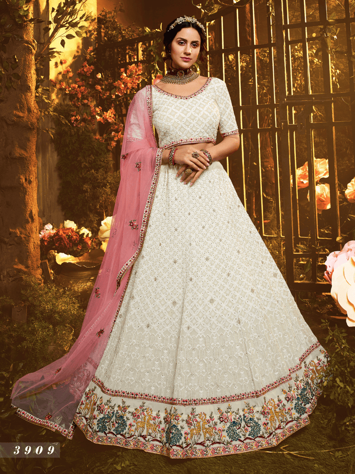 Ethereal Bridal White Georgette Lucknowi Lehenga Choli - Fashion Nation