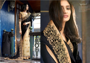 N4048 Ethnic Beige Black Jacquard Net Saree - Fashion Nation