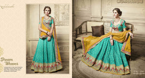 Wedding Special NAK4083 Designer Nakkashi Mustard Yellow Chiffon Blue Handloom Silk Lehenga Saree - Fashion Nation
