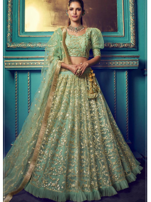 Occasional Wear Green Net Ruffled Pretty Lehenga Choli - Fashion Nation