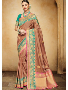 Fantastic Nakkashi NAK4139 Designer Brown Rama Green Silk Jacquard Saree - Fashion Nation