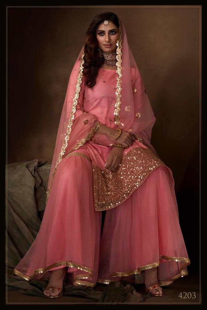 Engagement Wear Pink Net Occasion Special Sharara Suit - Fashion Nation