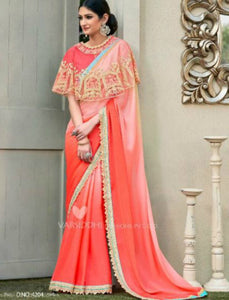 Pretty MIN4204 Designer Shaded Peach Pink Chiffon Georgette Saree with Cape - Fashion Nation