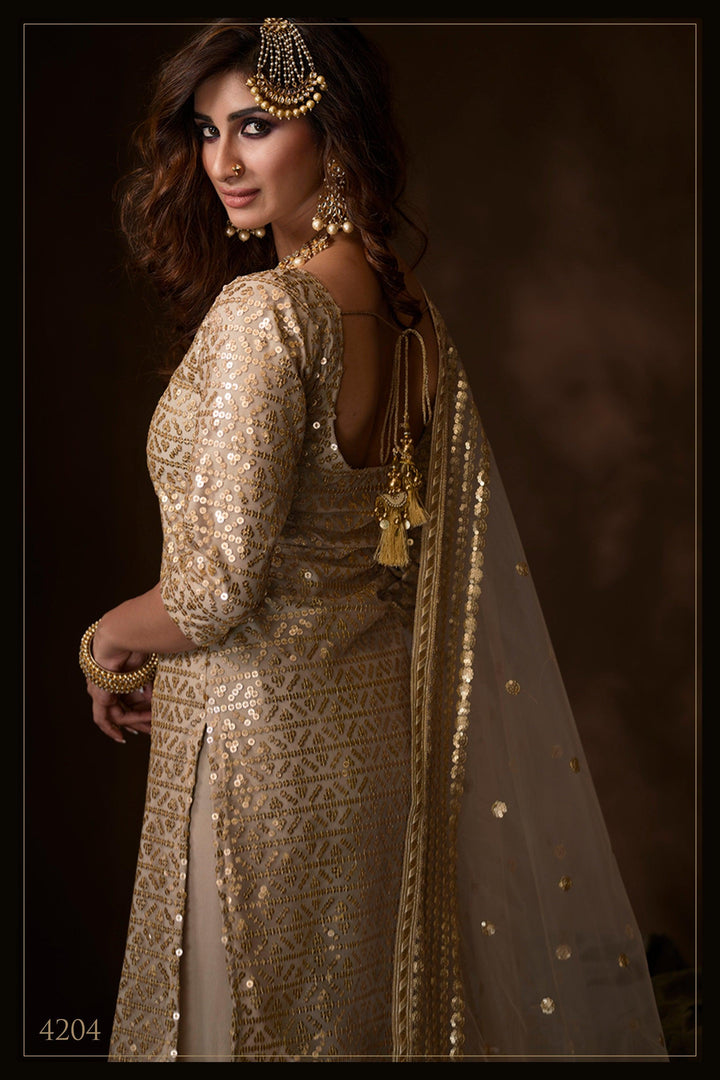 Reception Wear Dusky Beige Net Designer Sharara Suit - Fashion Nation