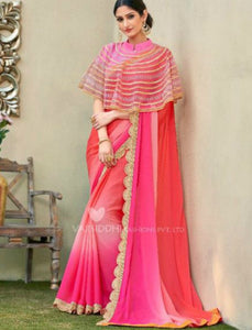 Vibrant MIN4207 Designer Shaded Pink Peach Chiffon Georgette Saree with Cape - Fashion Nation