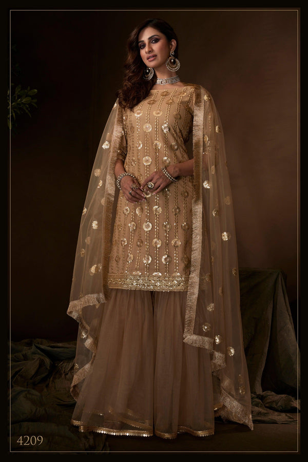 Celebrations Special Beige Net Festival Wear Sharara Suit - Fashion Nation