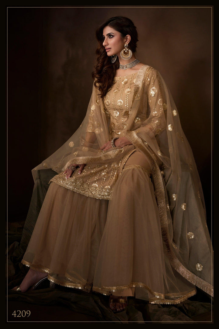 Celebrations Special Beige Net Festival Wear Sharara Suit - Fashion Nation