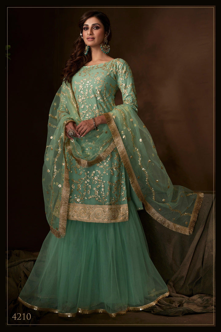 Evening Party Wear Green Net Reception Special Sharara Suit - Fashion Nation