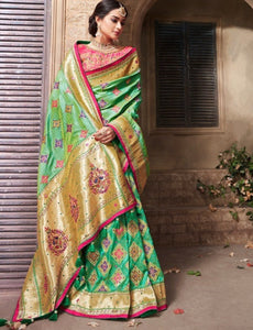 Alluring MN4414 Gorgeous Green Pink Benarasi Silk Saree - Fashion Nation