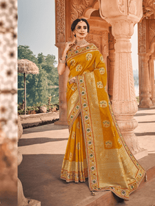 Sangeet Special Yellow Weaving Silk Royal Saree with Blouse by Fashion Nation