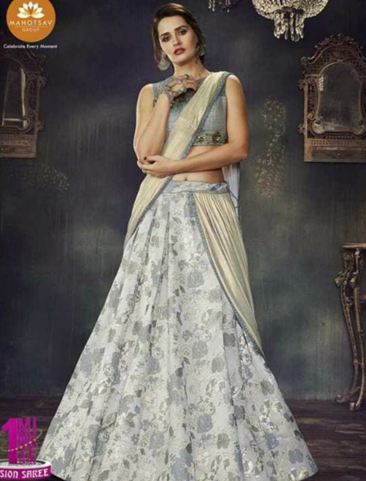 Indo Western MOH4710 Party Wear Grey Beige Silk Lycra Saree Gown - Fashion Nation