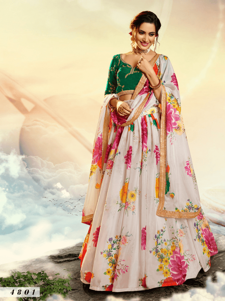 Sangeet Special White Multicoloured Organza Digital Printed Lehenga - Fashion Nation