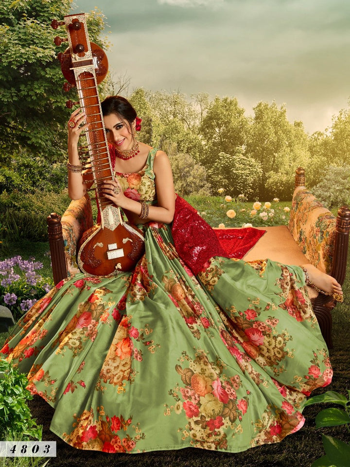 Celebrations Special Green Multicoloured Organza Floral Party Lehenga - Fashion Nation