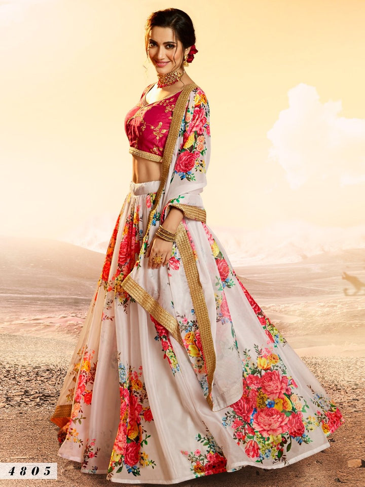 Festival Wear White Multicoloured Organza Digital Print Fancy Lehenga - Fashion Nation