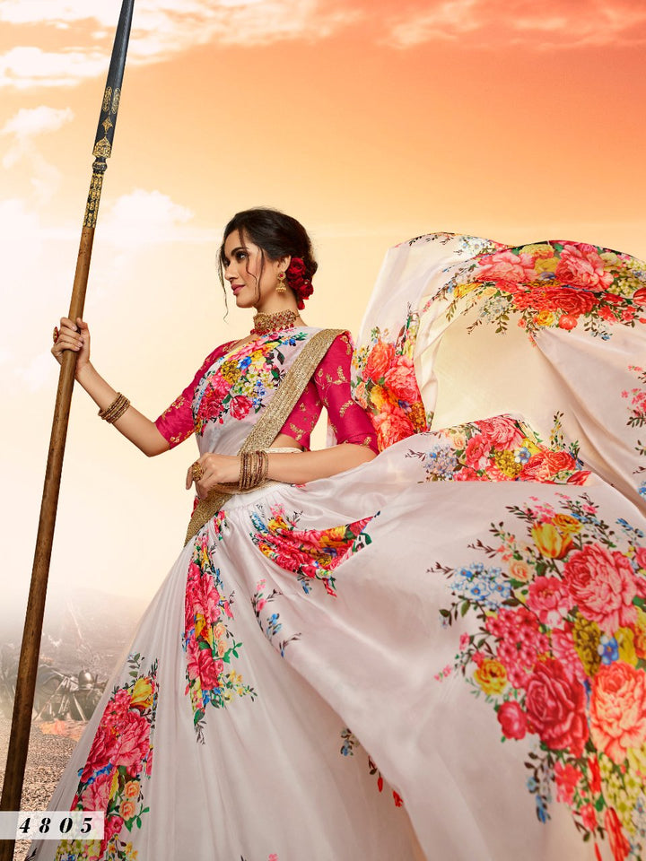 Festival Wear White Multicoloured Organza Digital Print Fancy Lehenga - Fashion Nation