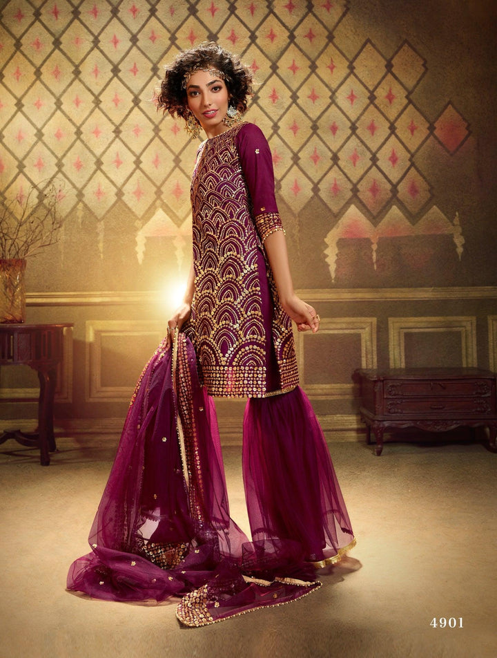 Engagement Wear Magenta Net Designer Gharara Suit - Fashion Nation