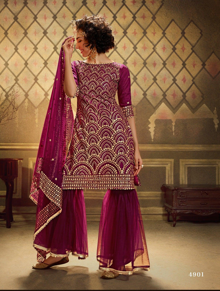 Engagement Wear Magenta Net Designer Gharara Suit - Fashion Nation