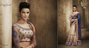 NAK5039 Designer Nakkashi Beige Blue Net Silk Lehenga Saree - Fashion Nation