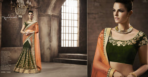 NAK5043 Designer Nakkashi Orange Green Velvet Net Lehenga Saree - Fashion Nation
