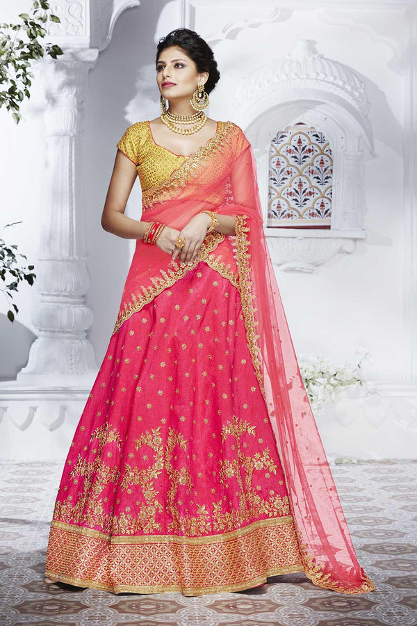 Superb NAK5087 Bridal Pink Yellow Handloom Silk Net Lehenga Choli - Fashion Nation