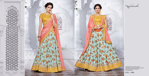 Beautiful NAK5089 Bridal Blue Peach Yellow Silk Satin Chiffon Lehenga Choli - Fashion Nation