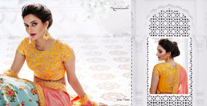 Beautiful NAK5089 Bridal Blue Peach Yellow Silk Satin Chiffon Lehenga Choli - Fashion Nation
