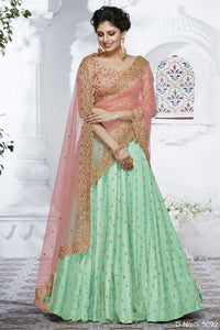 Delicate NAK5092 Bridal Rama Green Peach Net Silk Lehenga Choli - Fashion Nation