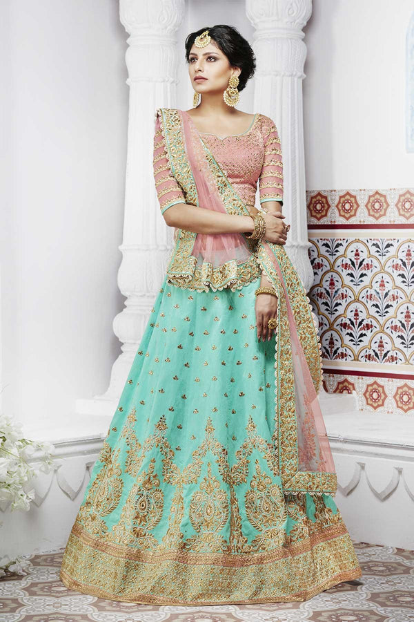 Exclusive NAK5094 Bridal Peach Rama Green Handloom Silk Net Lehenga Choli - Fashion Nation